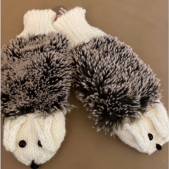 Brand New Furry Animal Mittens…All Knit…Hedgehogs..One black and one brown - Picture 1 of 5